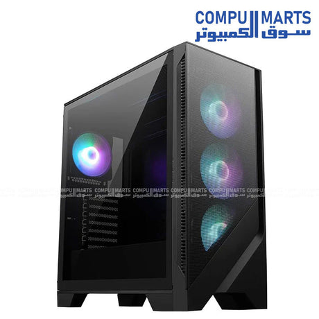 MSI MAG Forge 320R Airflow Mid-Tower Gaming PC Case with ATX, Micro-ATX and Mini-ITX motherboard support, four pre-installed ARGB fans, tempered glass panel, and USB 3.2 Gen 1 Type-A available in Egypt from Compumarts.