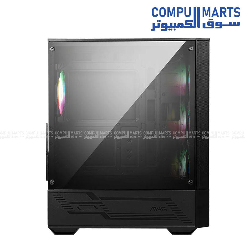 MSI mid-tower gaming chassis with seven expansion slots, support for CPU coolers up to 160mm, ATX power supplies up to 200mm, magnetic top dust filter, and Mystic Light Sync compatibility from Compumarts.