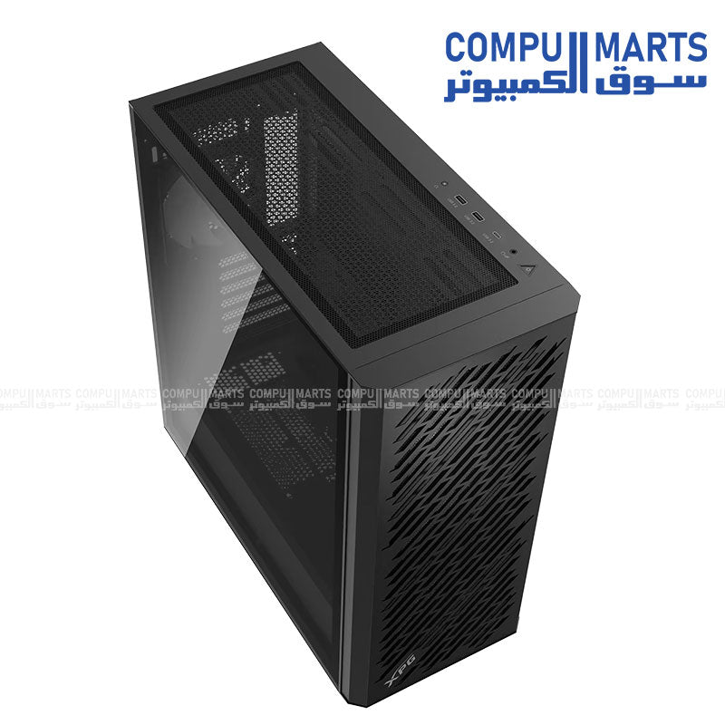 XPG Valor Air Pro mid tower gaming PC case with tempered glass panel and four ARGB cooling fans