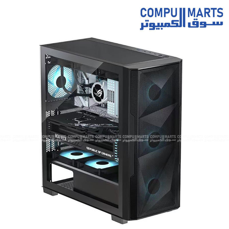 Discover the VELOX Flow chassis featuring support for up to 10 fans, mesh front panel, and multiple liquid cooling configurations available in Egypt