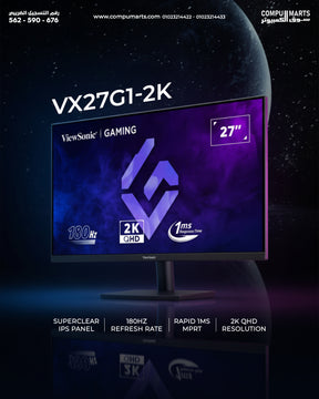ViewSonic VX27G1-2K 27" QHD Gaming Monitor – 180Hz, 1ms, IPS, HDR10, G-Sync Compatible, HDMI & DisplayPort, Black