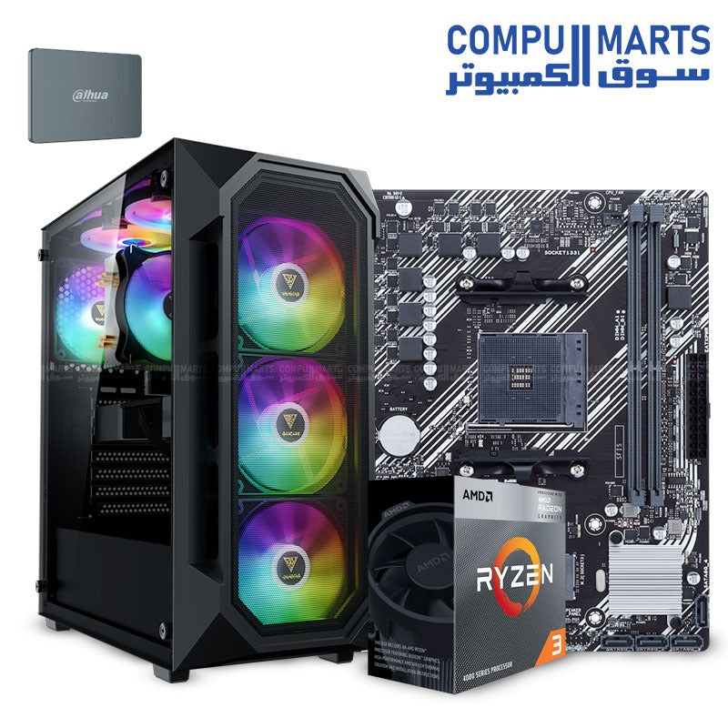 AMD RYZEN 3 4300G- AMD RYZEN 5 4600G-AMD RYZEN 5 5600GT-ASUS PRIME B450M-K II -RAM 16GB -SSD 256GB-GAMDIAS AURA GC1 Elite ARGB+ AURA GP600 BUNDLE