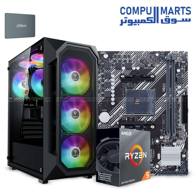 AMD RYZEN 3 4300G- AMD RYZEN 5 4600G-AMD RYZEN 5 5600GT-ASUS PRIME B450M-K II -RAM 16GB -SSD 256GB-GAMDIAS AURA GC1 Elite ARGB+ AURA GP600 BUNDLE