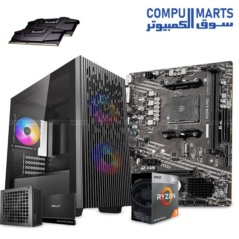CompuMarts Entry-Level PC Bundle – AMD Ryzen 3 4300G Processor + Dual-Channel DDR4 RAM + SSD Storage + RGB Mid-Tower Case – Budget-Friendly Starter Gaming & Office Build – Egypt

