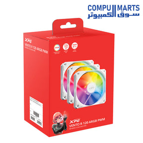 Featuring 120 x 120 x 25 mm dimensions and a 4-pin PWM connector, the XPG VENTO R ARGB REVERSE fan pack delivers up to 65 CFM airflow for PC cooling setups in Egypt