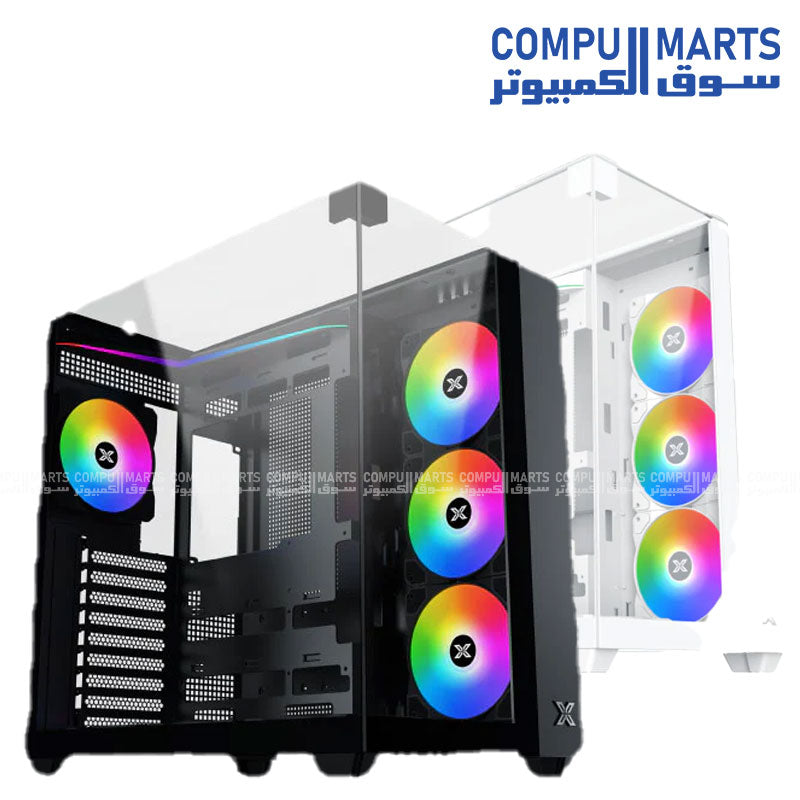 Xigmatek Aqua V Type-C ARGB Mid Tower PC case with tempered glass side panel, front mesh design, Type-C connectivity, and pre-installed addressable RGB fans for high-performance gaming builds.