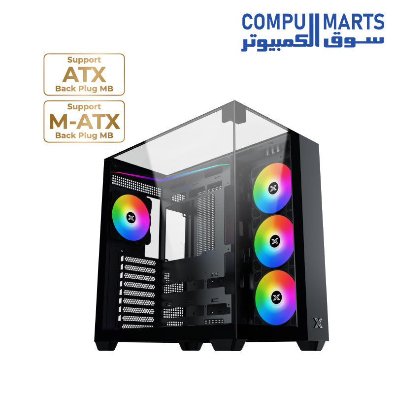 Xigmatek Aqua V Type-C ARGB Mid Tower PC case with tempered glass side panel, front mesh design, Type-C connectivity, and pre-installed addressable RGB fans for high-performance gaming builds.