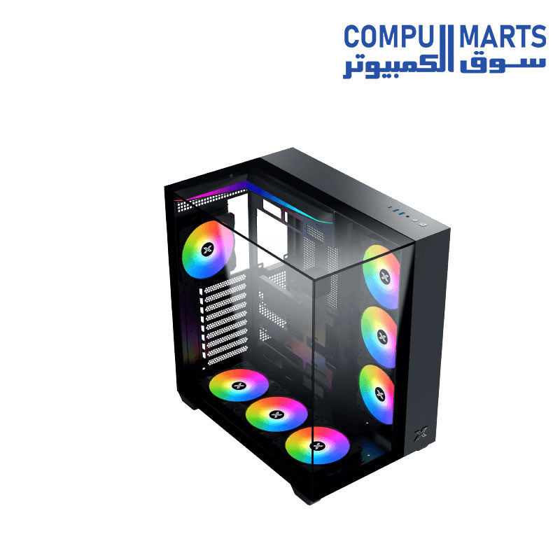 Xigmatek Aqua V Type-C ARGB Mid Tower PC case with tempered glass side panel, front mesh design, Type-C connectivity, and pre-installed addressable RGB fans for high-performance gaming builds.