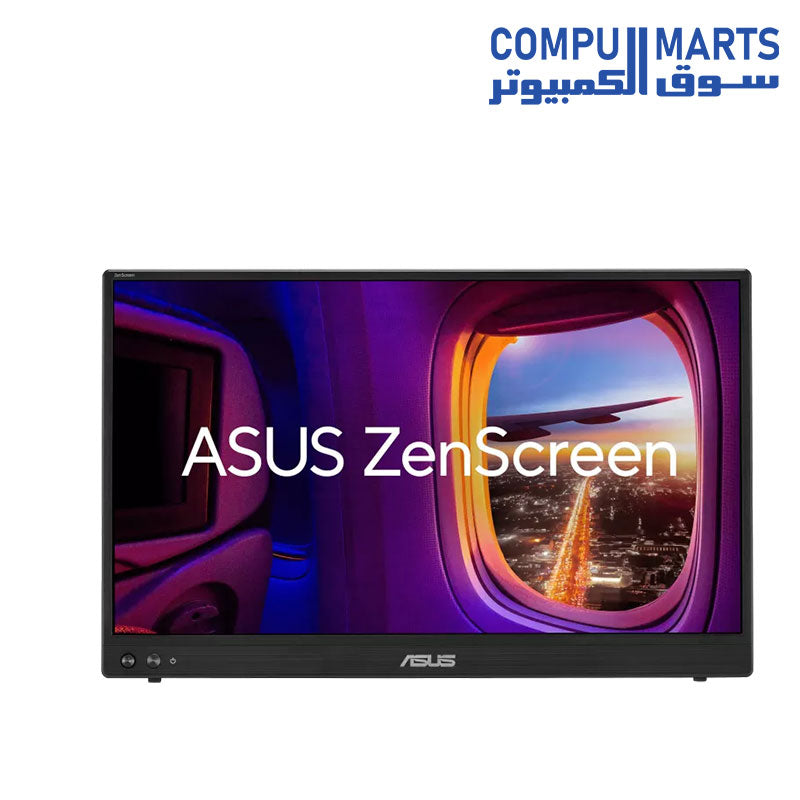 ASUS ZenScreen MB16AHVE portable monitor angled profile showing slim profile and adjustable tilt stand[cite: 1]