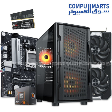 Gaming PC with AMD Ryzen 5 8400F CPU, ASUS PRIME B650M-R motherboard, ASUS Dual RTX 5060 8GB graphics card, 16GB DDR5 5600MHz Lexar RAM, Samsung NVMe 256GB SSD, Cougar Uniface Mini RGB case, and STC600 PSU – Egypt build.