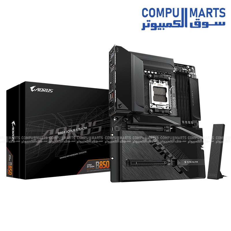 GIGABYTE B850 AORUS STEALTH ICE – AM5 ATX DDR5 حتى 8200 MT/s OC، PCIe 5.0، 5 GbE LAN، Wi‑Fi 7، 4 فتحات M.2 
