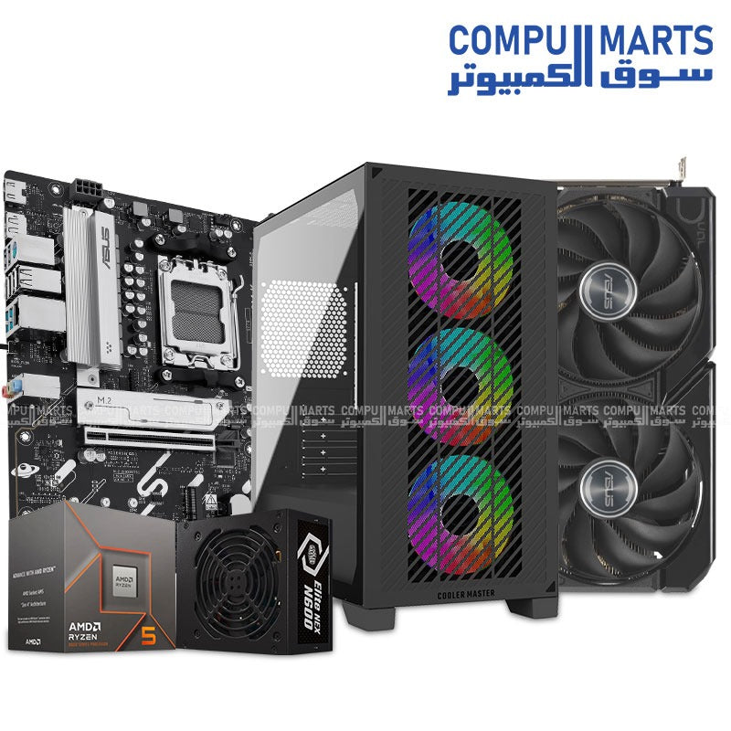 High-performance gaming PC bundle featuring AMD Ryzen 5 8400F, ASUS PRIME B850M-K motherboard, ASUS Dual Radeon RX 9060 XT 16GB GDDR6 graphics card, 16GB DDR5 RAM, 256GB NVMe SSD, and Cooler Master Elite 301 case with PSU.