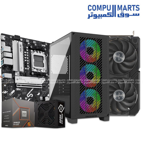 High-performance gaming PC bundle featuring AMD Ryzen 5 8400F, ASUS PRIME B850M-K motherboard, ASUS Dual Radeon RX 9060 XT 16GB GDDR6 graphics card, 16GB DDR5 RAM, 256GB NVMe SSD, and Cooler Master Elite 301 case with PSU.