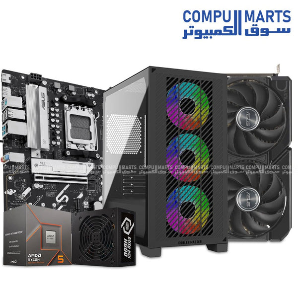 High-performance gaming PC bundle featuring AMD Ryzen 5 8400F, ASUS PRIME B850M-K motherboard, ASUS Dual Radeon RX 9060 XT 16GB GDDR6 graphics card, 16GB DDR5 RAM, 256GB NVMe SSD, and Cooler Master Elite 301 case with PSU.