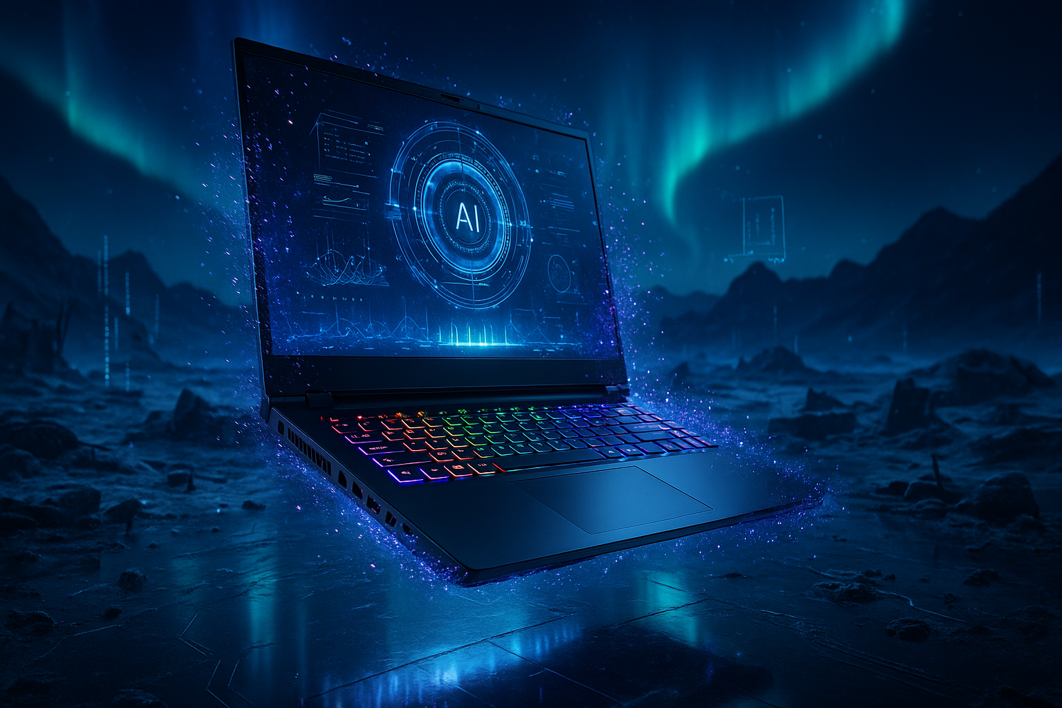 Cinematic hero banner for Acer Predator Helios Neo 16 AI Gaming Laptop in futuristic arctic sci-fi setting