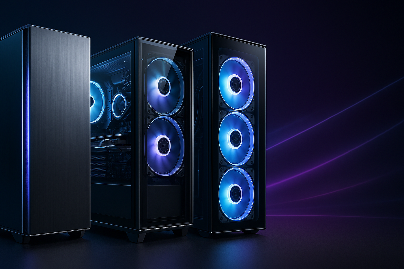 "Create a high-resolution hero banner (1920x700) showcasing premium computer cases in an elegant and futuristic style. Display multiple sleek PC towers with tempered glass panels, RGB lighting accents, and refined metallic details. The background should be dark with subtle neon glows, gradients, and light streaks to give a futuristic tech atmosphere. Keep the design clean, cinematic, and premium, emphasizing elegance and modern innovation. Leave negative space for text overlay and CTA button."