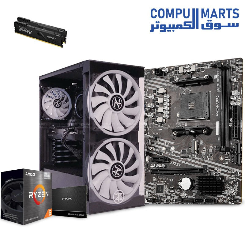 الباقة- RYZEN 5 5600GT- MSI A520M-A PRO-FURY 2×8 جيجابايت، 16 جيجابايت 3200 ميجاهرتز PNY 120 جيجابايت SSDالصندوق: CASE TECHNO ZONE C-500 مع 3 مراوح RGBمزود الطاقة (PSU): 600 واط