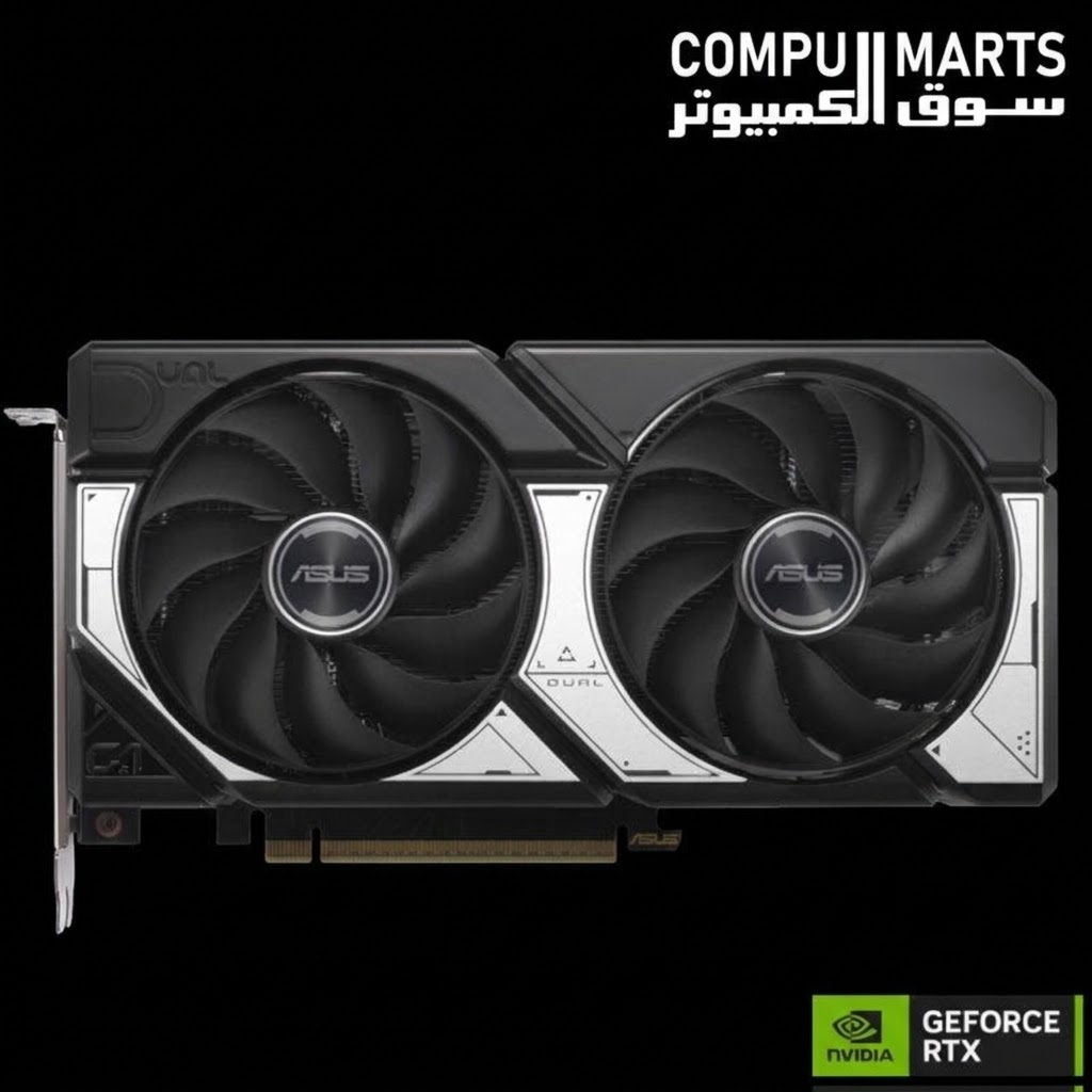 Close-up of the ASUS Dual GeForce RTX 5060 Ti 8GB GDDR7 OC Edition branding and design.