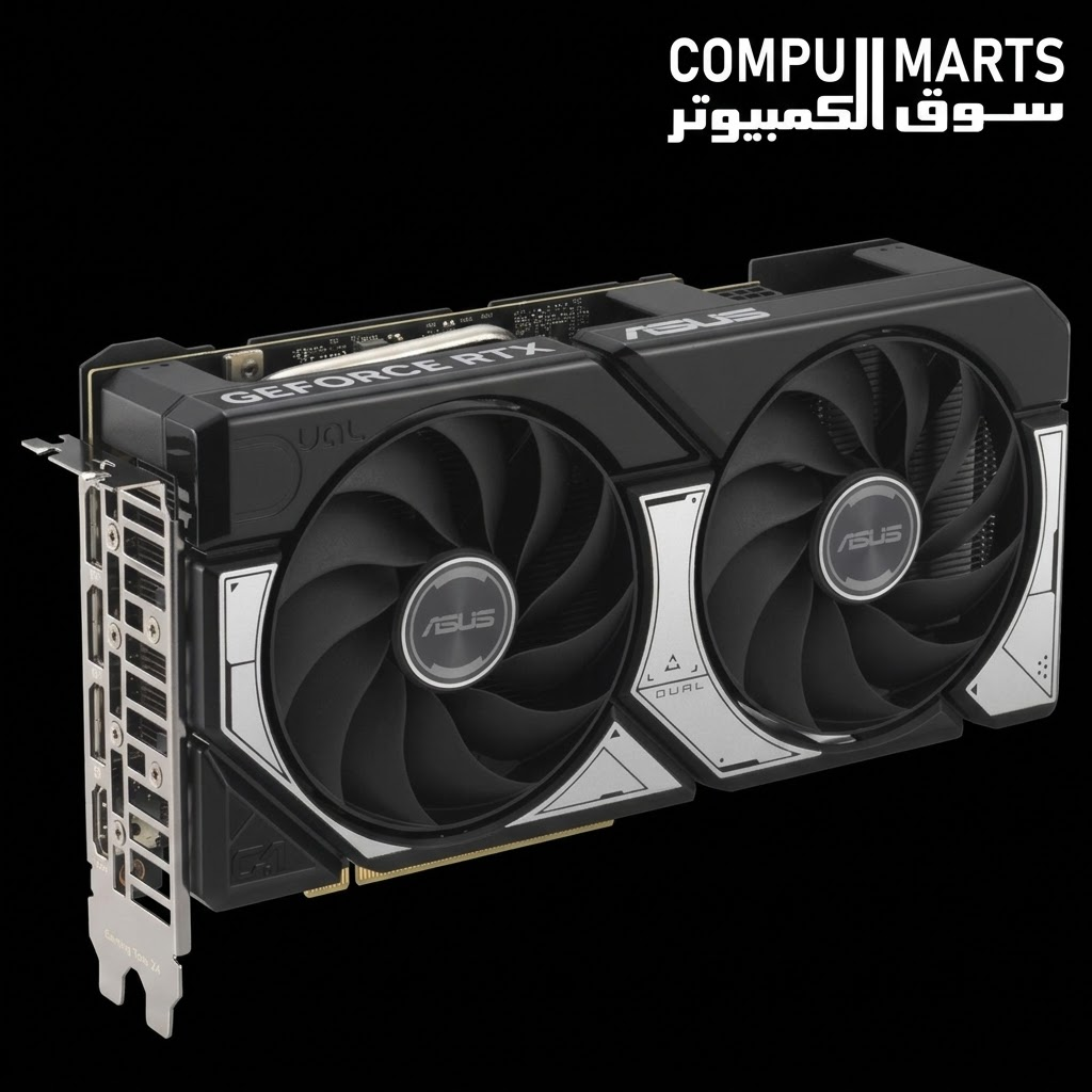 Detailed perspective of the ASUS Dual GeForce RTX 5060 Ti 8GB GDDR7 OC Edition graphics card.