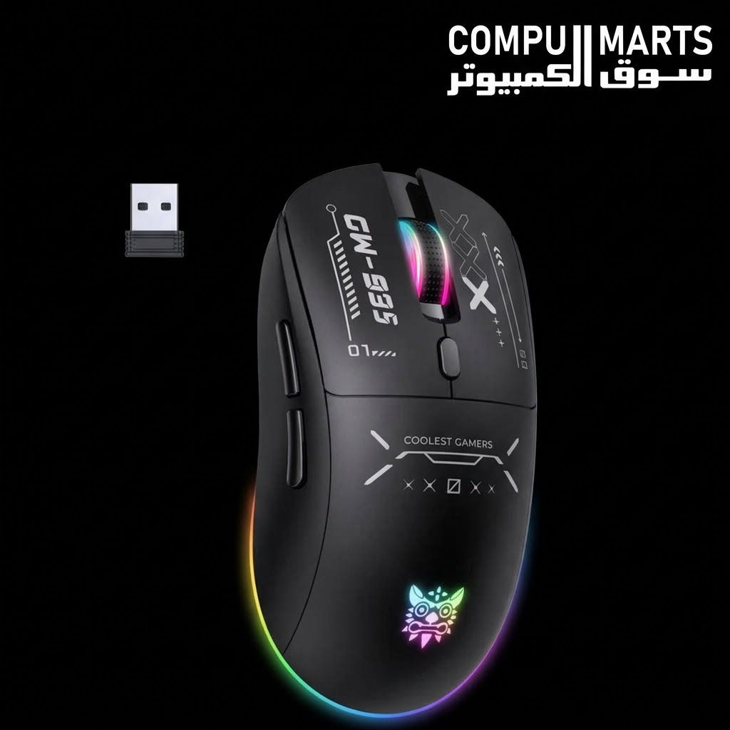 ONIKUMA CW935 2.4G Black gaming mouse with ergonomic design, 6-level DPI adjustment from 800–12800, triple-mode 2.4GHz wired and Bluetooth connectivity, and 6 programmable buttons