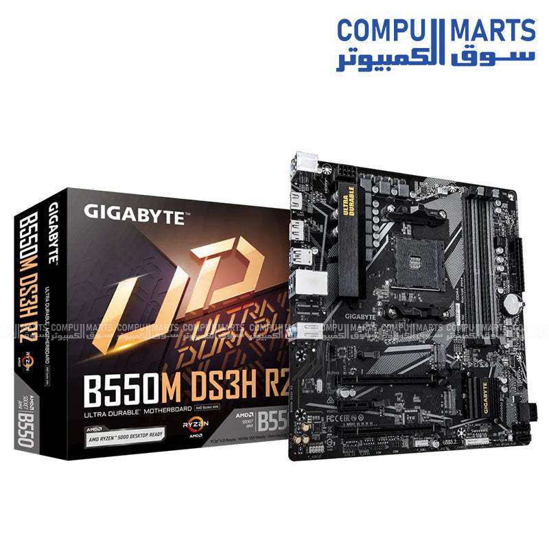 GIGABYTE B550M DS3H R2 – Micro‑ATX DDR4 Motherboard – Dual NVMe M.2 – PCIe 4.0 x16 – Gigabit LAN – AM4 Ryzen Compatible
