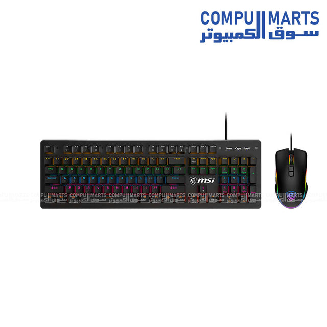 msi FORGE GK300 COMBO gaming keyboard with mechanical blue switches and 9-mode RGB backlighting alongside 7-button optical gaming mouse with 5-mode RGB lighting