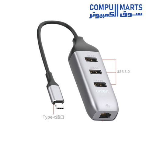 95118R-Hub-Onten-USB-C-to-3-USB-3.0-Hub-With-Gigabit-Ethernet-Adapter