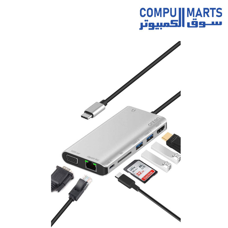 OT-9591B-HUB-Onten-USB-C-Hub-8-in-1-Type-C-Hub-Adapter-with-1Gbps-Ethernet-4K-HDMI-VGA-PD-Charging-2-USB3.0-3.55mm-Audio-SD-Card-Reader